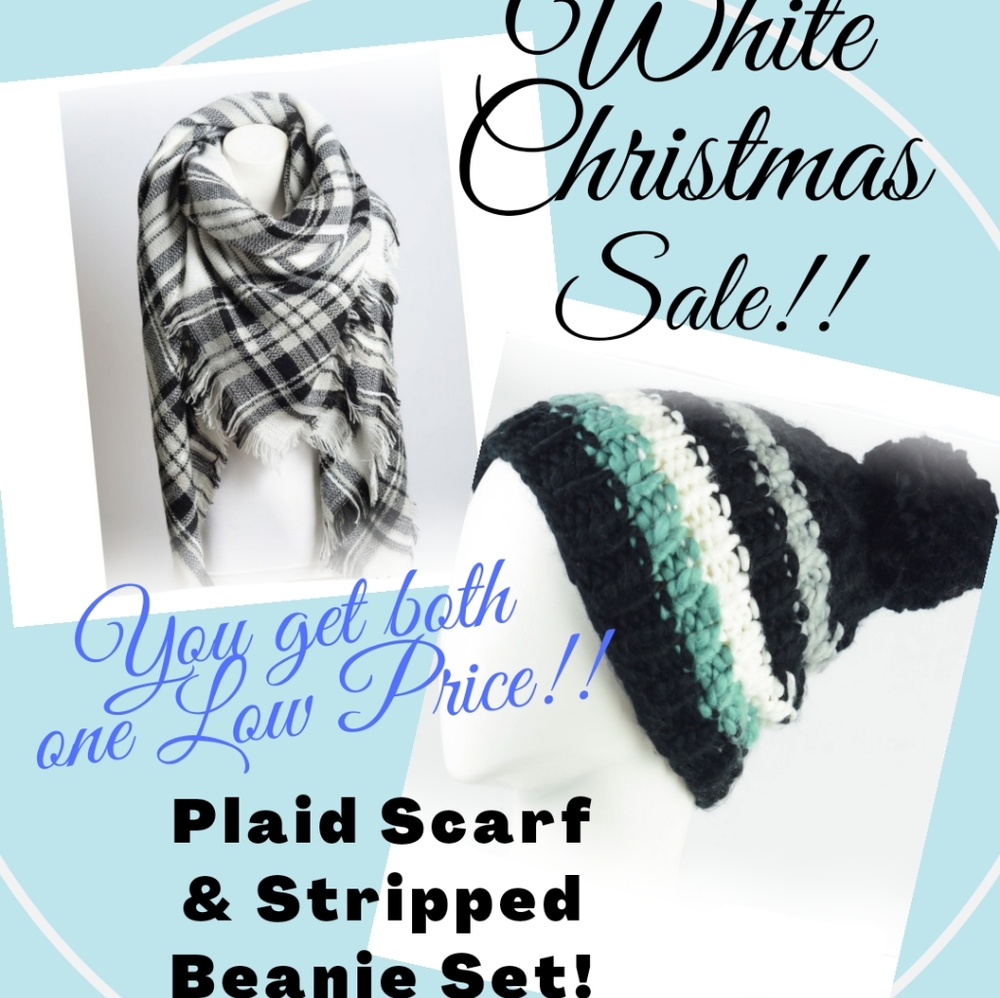 Blue, Black, White Striped/Plaid Beanie& Scarf Set.